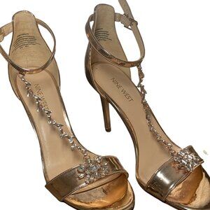 Nine West Gold Rhinestone T-Strap Stiletto Heels Size 7.5 Wedding Formal Sandals